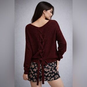 Express Burgundy Lace-Up Back V-Neck Knit Sweater | Size S